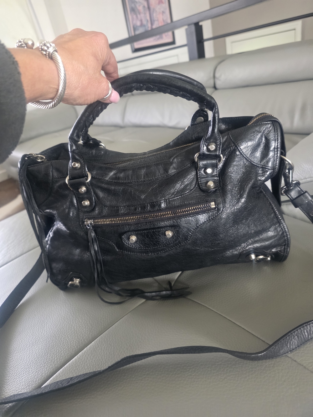 Balenciaga Black Leather City Bag Satchel with Silver Hardware With Crossbody
